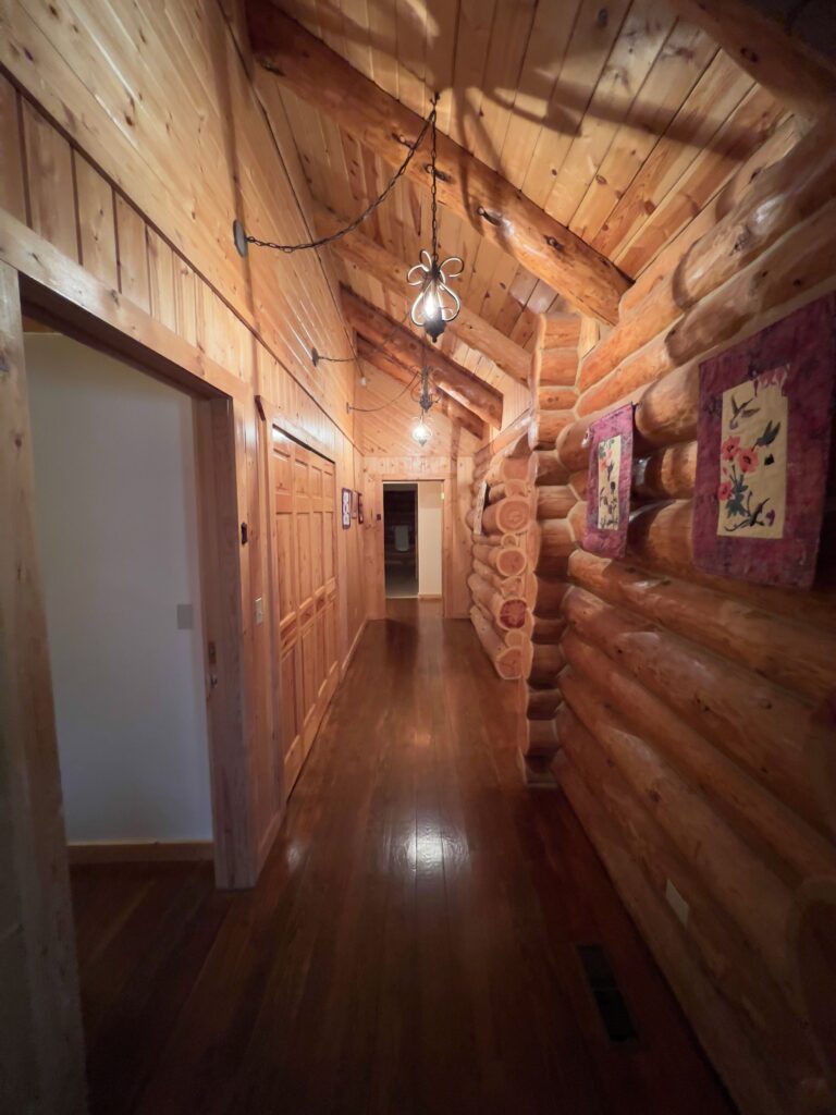 Log cabin hallway with pendant lighting