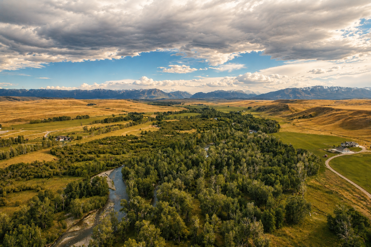 Aerial view of East Rosebud Creek winding through the Stillwater valley with the Beartooth Range in the distance