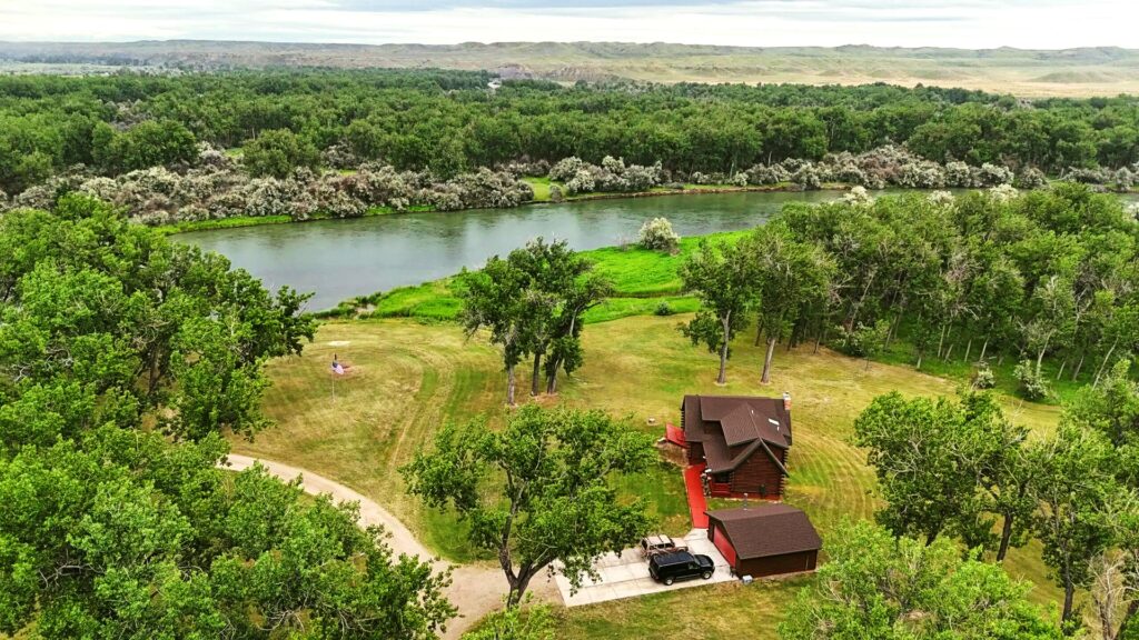 Aerial view of Bighorn River Fly Fishing Lodge along the Bighorn River
