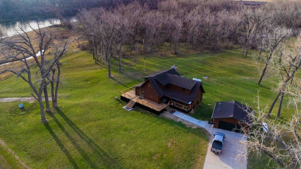 Aerial view of the lodge and garage in late fall