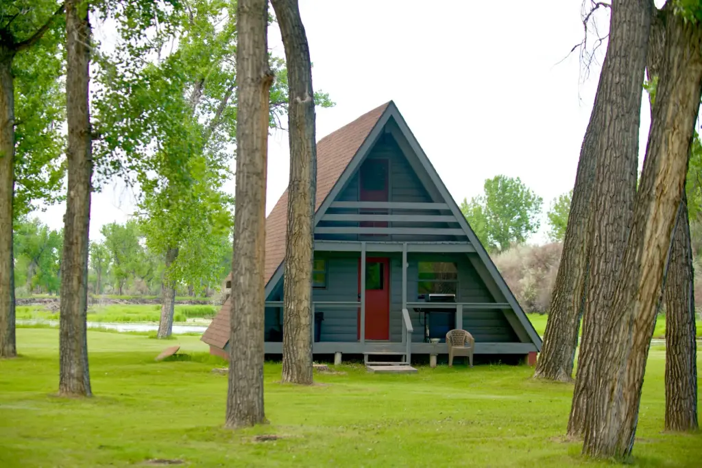 A-frame guest cabin exterior along the Bighorn River